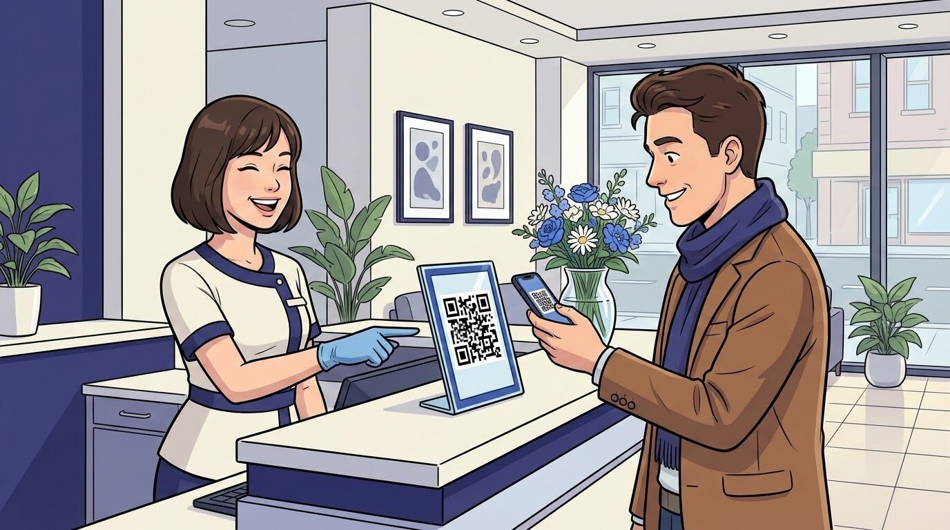 Администратор показывает клиенту QR-код для отзыва на стойке ресепшн
